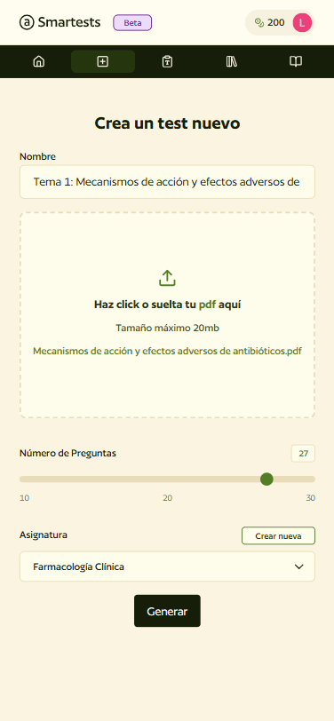 Escritorio de smartests, con varios examenes tipo test creados
